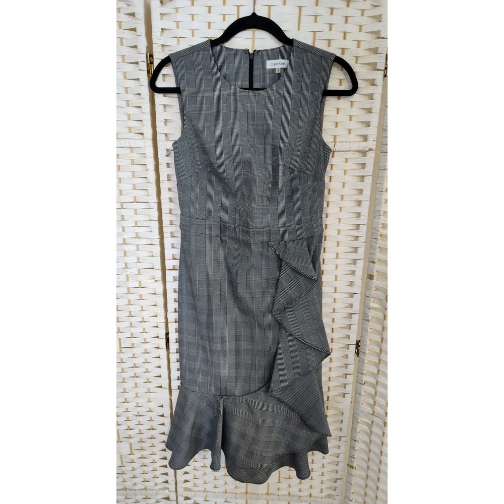 Calvin Klein Size Small Black White Houndstooth Sleeveless Ruffled Tulip Dress